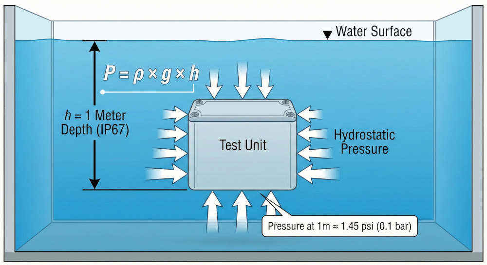 Figure explaining the hydrostatic pressure on an enclosure for an IP67 immersion test.