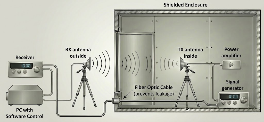 Diagram of MIL-STD-285 test setup showing antenna placement for measuring enclosure shielding effectiveness