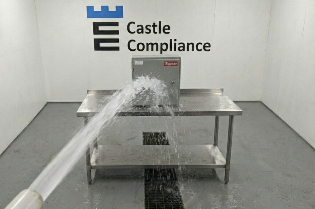 Image of a NEMA Type 4 hosedown test in accordance with NEMA 250